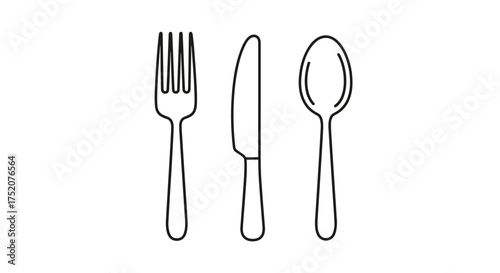 Cutlery icon set with fork, knife, and spoon. Simple line art illustration for restaurant menu or food blog. Minimalist dining and kitchen vector symbols for web design.