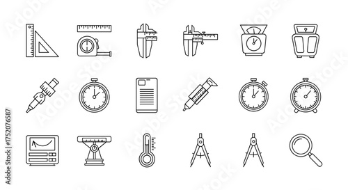 Measurement tools linear icons set. Ruler, caliper, scale, stopwatch, thermometer, compass, syringe. Precision engineering, science, accuracy. Measuring instrument symbol pack.