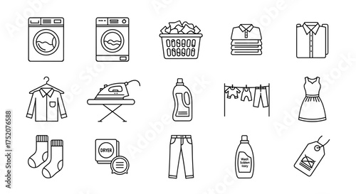 Laundry and clothing care line icon set. Washing machine, dryer, basket, folded shirt, iron, detergent, clothesline. Vector for laundry service, cleaning, and housework.