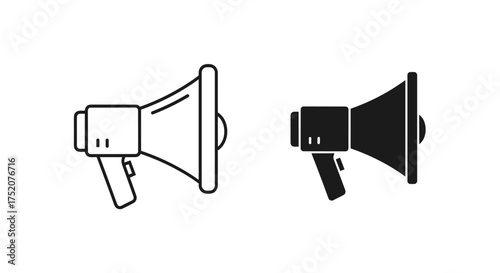 Megaphone icon for announcement and communication. Bullhorn symbol for marketing, advertising and promotion. Loudspeaker for news alert. Voice amplifier vector set for protest.