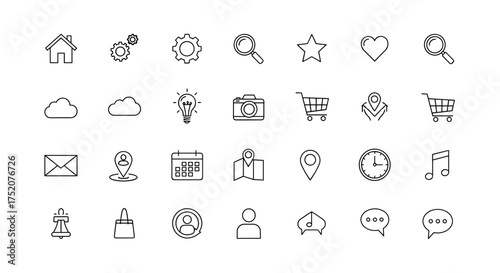 Universal linear icons set for web and mobile. UI UX kit. Thin line symbols for website and app design. Home, search, settings, user, like, cart, map, calendar, mail.