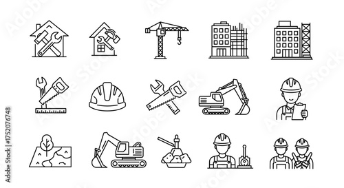 Construction icon set for industry and real estate. Building, repair, and renovation line icons. Vector symbols for worker, engineer, architect, tools, and heavy machinery.