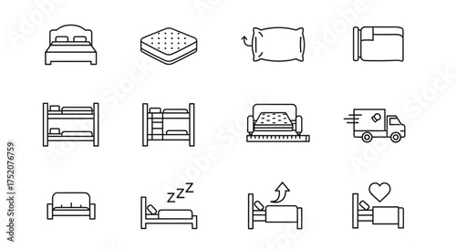Bed and mattress line icon set. Vector symbols for furniture, bedroom, sleep products. Includes bunk bed, pillow, sofa bed, delivery truck. Outline graphic for comfort, rest.