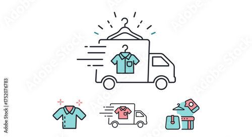 Laundry delivery service icon set. Express dry cleaning and apparel shipping concept. Clean clothes on hanger delivered by truck. Garment washing and transport vector logo.