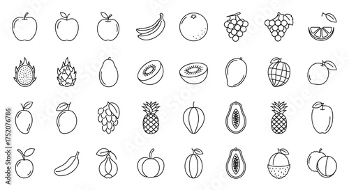 Fruit icon set line vector. Apple, banana, orange, grapes, dragon fruit, kiwi, mango, pineapple, papaya, lychee. Healthy food. Tropical exotic fruits. Outline illustration.