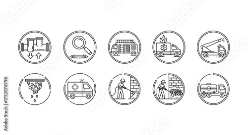 Emergency services & public works icons. Fire truck, ambulance, pipe inspection, sewer cleaning, graffiti removal. Public safety, utility maintenance, emergency response vector set.
