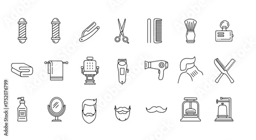 Barbershop line icon set. Men's grooming, haircut and shaving tools. Professional hairdresser equipment. Vector outline symbols: razor, scissors, chair, pole, beard, hair.