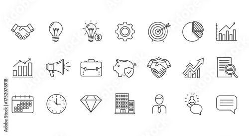 Business and finance line icon set. Partnership, investment, marketing, and strategy symbols. Growth chart, handshake, piggy bank, and idea lightbulb vector icons.