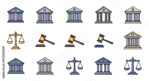 Law and justice vector icon set. Legal symbols collection with courthouse, scales of justice, and judge gavel. For law firm, attorney, court, and legal services design concepts.