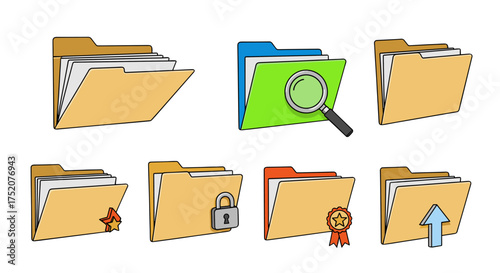 Folder icon set for file management. Vector illustration of document organization concepts. Includes search, security lock, favorite star, award ribbon, and upload arrow symbols.