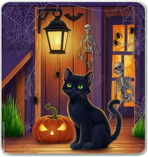 Whimsical Halloween Scene with Black Cat, Jack - O'- Lantern, and Skeletons at a Spooky House