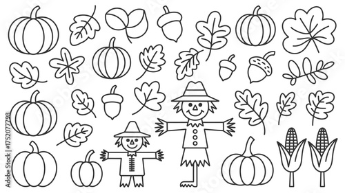 Hand drawn autumn elements collection with pumpkins leaves and scarecrows