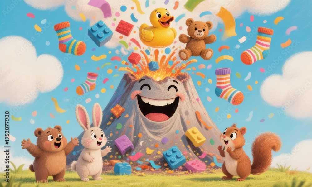 Naklejka premium A cheerful picture book illustration shows a happy volcano erupting with colorful toys and confetti, joined by animal friends celebrating joyful playtime