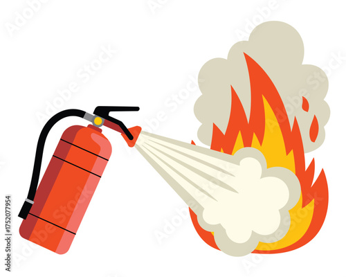 Fire extinguisher spraying foam onto a large fire with smoke