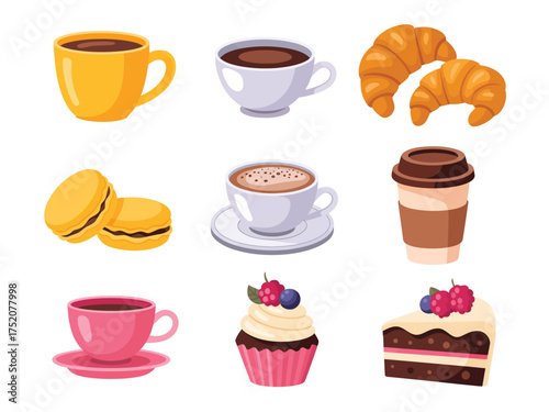 Collection of coffee cups pastries and desserts for breakfast or cafe