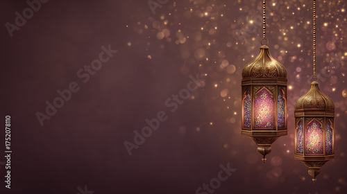 Wallpaper Mural Traditional Indian Hanging Lanterns (Kandil) Glowing with Festive Sparkles, Blank Smooth Background for Text Torontodigital.ca