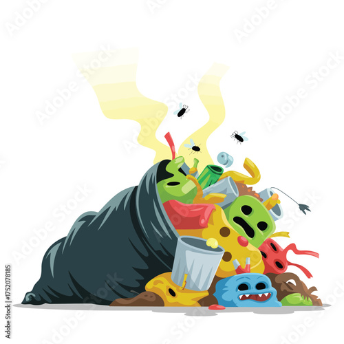 Overflowing garbage bag with cartoonish monsters and flies emitting smoke