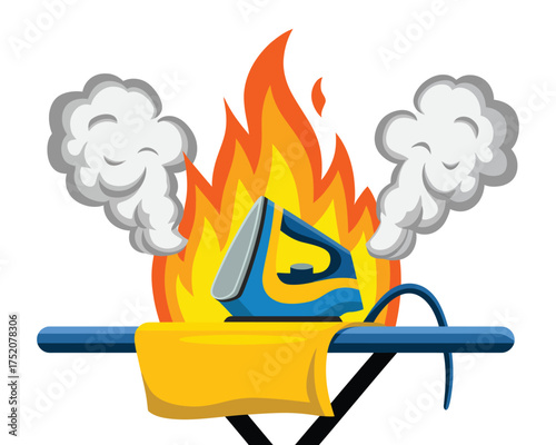 Ironing board with an iron on fire and steam rising