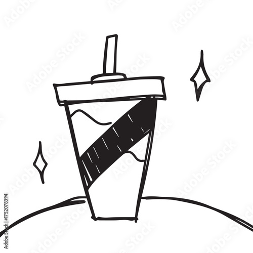 doodle style illustration of a plastic cup with a straw. Hand drawn image of beverage packaging. Beverage product. Simple doodle
