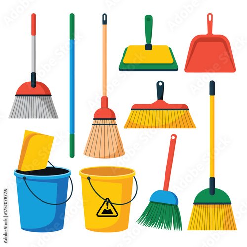 Collection of cleaning tools including brooms mops buckets and dustpans