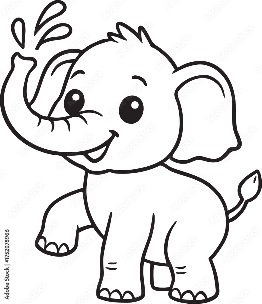 Fototapeta premium Cute baby elephant playfully spraying water with its trunk on a white background.