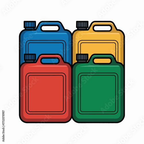 Four colorful plastic jerry cans stacked together on a white background