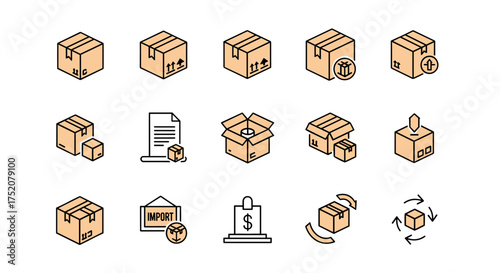Packaging and shipping icons set. Box package delivery, import and export signs, recycle and return symbols, logistics and freight, financial transaction on cargo, parcel management vector.