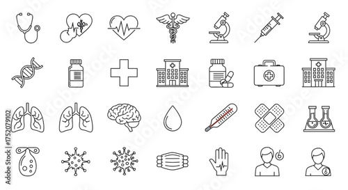 Medical and healthcare vector line icons set. Health symbols including stethoscope, heart pulse, caduceus, microscope, syringe, DNA, medication, hospital, lungs, brain, virus, mask.