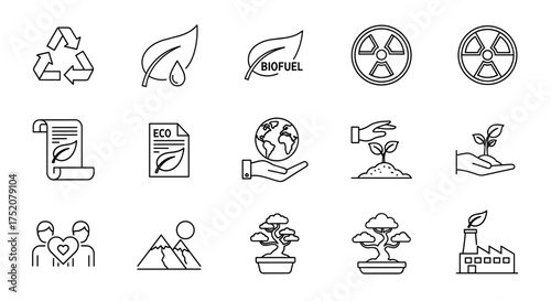 Eco and environmental icons design, recycling symbol, biofuel leaf, radioactive hazard and nuclear symbols, eco documents with leaf, hand holding earth and planting seedlings.