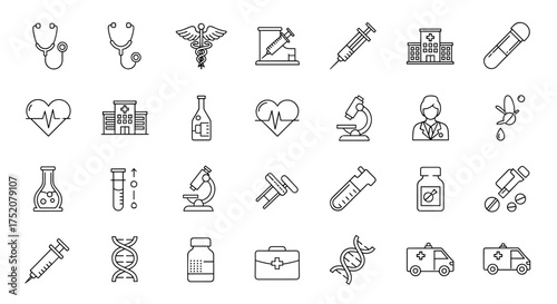 Mega set of medical and healthcare line icons. Includes hospital, doctor, pharmacy, science, and emergency symbols. Vector collection for clinic, laboratory, and treatment.