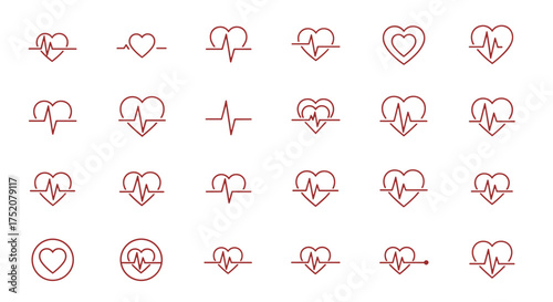 Heartbeat line icon set. Heart pulse and cardiogram vector icons. Medical EKG or ECG graph symbol for cardiology. Health care, love and life concept. Red heart rhythm signs.