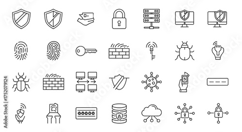 Cyber security thin line icon set. Data protection and internet safety concept. Vector outline pictograms of shield, lock, fingerprint, password, firewall, server, and bug.