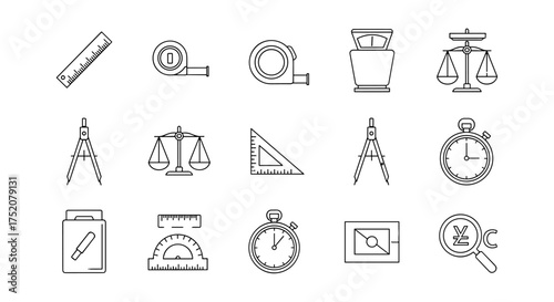 Measurement tools line icon set. Vector symbols of precision, accuracy, and evaluation. Ruler, scale, compass, stopwatch for engineering, science, and finance concepts.