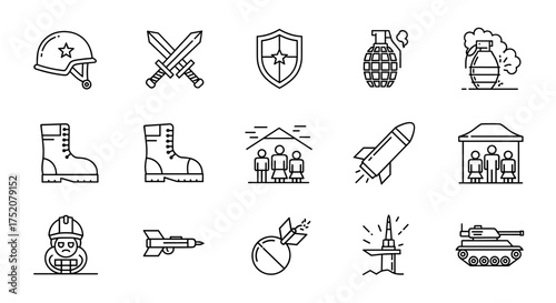 Military and war icon set. Vector line art collection of army, conflict, and battle symbols. Includes helmet, sword, shield, bomb, tank, rocket, and soldier icons.