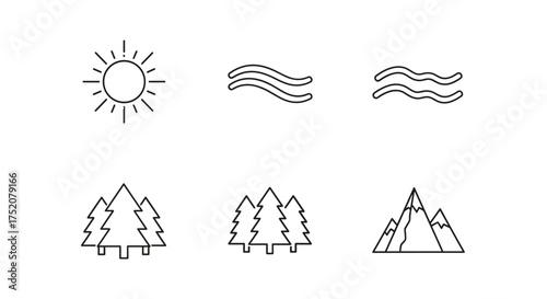 Nature and outdoor adventure line icon set. Sun, wind, water, forest, and mountain symbols. Vector graphic elements for travel, hiking, and camping. Minimalist outline style.