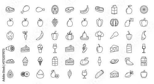Food line icon set. Meal, drink, fruit, vegetable, meat, fish, dairy products. Outline pictogram collection for grocery store, cooking app, recipe book or restaurant menu.