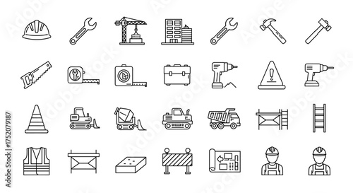 Construction icon set. Building, tools, and heavy machinery line art icons. Vector collection for architecture, engineering, and contractor themes. Includes helmet, crane, truck, and worker.