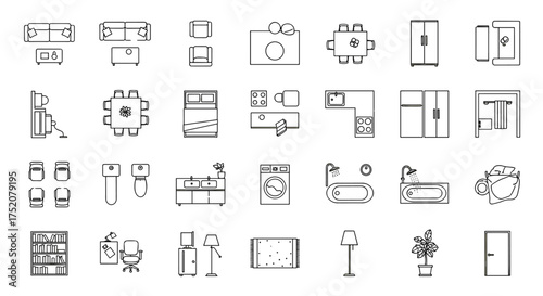 Furniture line icons set for floor plan. Top view collection for interior design. Architecture plan symbols. Sofa, bed, table, chair, kitchen, bathroom elements. Vector outline.