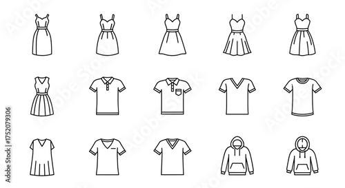 Vector set of fashionable dress and casual clothing icons, including summer dresses, polo shirts, t-shirts, v-neck tops, and hoodies, outline style fashion apparel collection