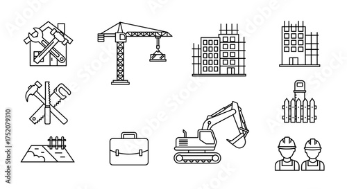 Construction line icon set. Building industry symbols. Vector illustration for architecture, engineering, real estate. Crane, excavator, worker, tools, renovation, repair concepts.
