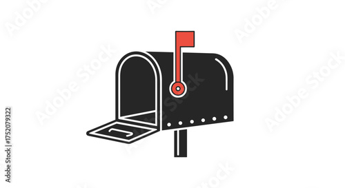 Open mailbox with red flag raised, empty postal container icon, mail delivery concept, post office communication symbol, flat vector illustration for business and lifestyle design