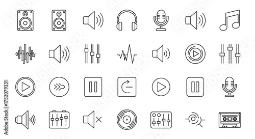 Set of music icons vector, audio control symbols, sound speaker, microphone, headphones, playlist buttons, equalizer, waveform, vinyl record, cassette, player UI, media controls