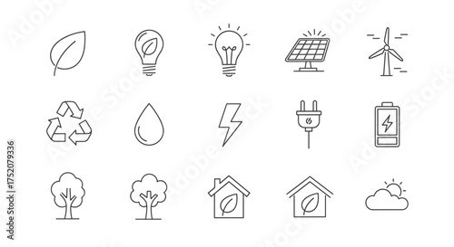 Eco-friendly energy and environment icons set, green leaf, renewable power symbols, solar panel, wind turbine, sustainable house, recycle sign, clean electricity, nature conservation vector elements