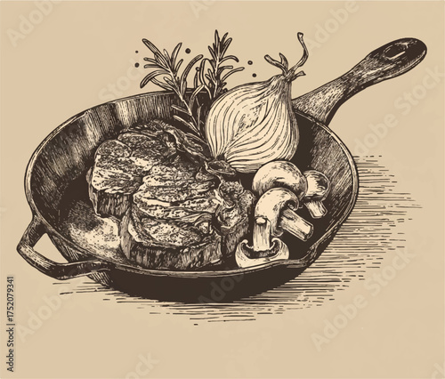 Artistic depiction of steak dinner ingredients in cast iron skillet showcasing rustic culinary elements and savory flavors