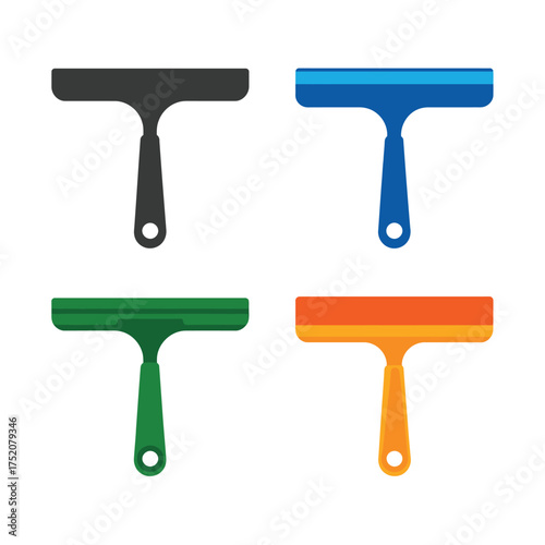 Set of four colorful squeegees for cleaning windows and surfaces