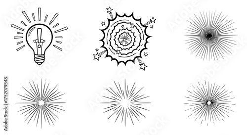 Vector set of light bulb icon with exclamation mark and various black and white starburst burst rays, explosion and sparkle effects for design elements