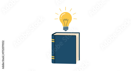 Metaphor for knowledge, new ideas, and learning from books. A light bulb glowing over a book symbolizes inspiration, creative thinking, discovery, and finding a solution.