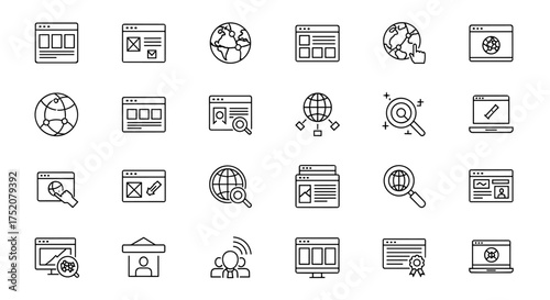 Simple Thin Line Web and Global Network Icons Set, Internet Browser, Search, Connection, Interface, Website UI, Digital Technology, Online Communication Concepts