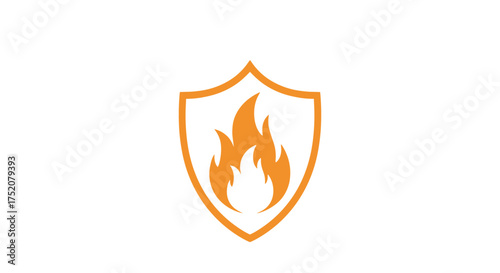 Fire protection shield logo, flame safety symbol, fire resistance icon, orange shield with flame illustration, security and hazard prevention concept, safety design vector