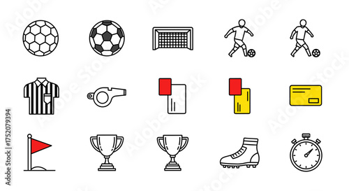 Soccer vector icons set with football balls, goal post, players, referee items, red and yellow cards, whistle, trophy, corner flag, cleat boot, and stopwatch illustrations for sports design
